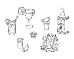 Sketch hand drawn drawings of tequila drinks. Vector black outline drawings on white background. Ideal for decoration, coloring pages, stickers, tattoo, pattern