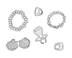 Black outline sketchy drawings of accessories from 90s. Vector hand drawn outline doodle drawings isolated on white background. Retro concept. Ideal for coloring pages, tattoo, sticker