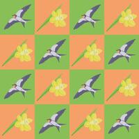 Swallow and daffodil contrast seamless pattern. Flat hand drawn bird and flower in contrast squares. Unique retro print design for textile, wallpaper, interior, wrapping. Spring concept vector