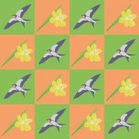 Swallow and daffodil contrast seamless pattern. Flat hand drawn bird and flower in contrast squares. Unique retro print design for textile, wallpaper, interior, wrapping. Spring concept vector