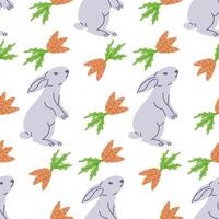 Cut white bunny with carrots seamless pattern. Flat hand drawn colored elements on white background. Unique retro print design for textile, wallpaper, interior, wrapping vector