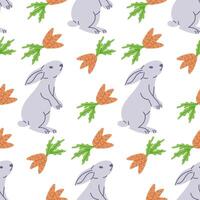 Cut white bunny with carrots seamless pattern. Flat hand drawn colored elements on white background. Unique retro print design for textile, wallpaper, interior, wrapping vector