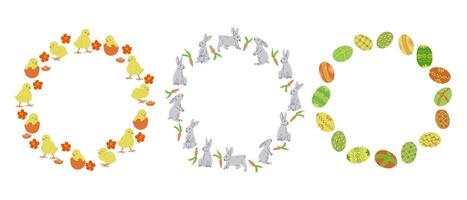 Easter wreaths with Easter eggs, bunnies and chicks. Spring holiday concept. Sketchy hand drawn elements on white background. Ideal for as template for greetings, banner and background vector