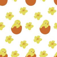 Easter chick in eggshell with flowers seamless pattern. Flat hand drawn colored elements on white background. Unique retro print design for textile, wallpaper, interior, wrapping vector