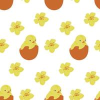 Easter chick in eggshell with flowers seamless pattern. Flat hand drawn colored elements on white background. Unique retro print design for textile, wallpaper, interior, wrapping vector