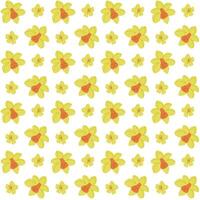 Spring seamless pattern with yellow daffodils. Flat hand drawn colored elements on white background. Unique print design for textile, wallpaper, interior, wrapping vector