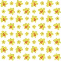 Spring seamless pattern with yellow daffodils. Flat hand drawn colored elements on white background. Unique print design for textile, wallpaper, interior, wrapping vector