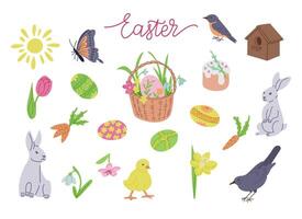 Big Easter set with traditional items and easter eggs. Spring concept. Sketchy hand drawn elements on white background. Ideal for decoration, stickers, greetings, banner and background vector