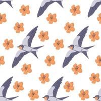 Flying swallow with flowers bloom seamless pattern. lat hand drawn colored elements on white background. Unique retro print design for textile, wallpaper, interior, wrapping. Spring concept vector