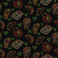 Pattern on black background with Mexican food. Vector contour drawings isolated on black background. Unique retro print design for textile, wallpaper, interior, wrapping