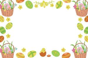Horizontal background for Easter holiday. Frame template or design print with Easter basket and easter eggs on white background. Good for banner, background, social media graphics vector