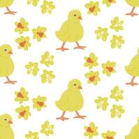 Easter chick with flowers seamless pattern. Flat hand drawn colored elements on white background. Unique retro print design for textile, wallpaper, interior, wrapping. Easter holiday concept vector