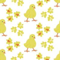 Easter chick with flowers seamless pattern. Flat hand drawn colored elements on white background. Unique retro print design for textile, wallpaper, interior, wrapping. Easter holiday concept vector