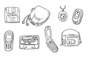 Black outline sketchy drawings of retro items from 90s. Vector hand drawn outline sketchy drawings isolated on white background. Retro concept. Ideal for coloring pages, tattoo, pattern