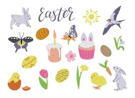 Easter collection with traditional items and food. Sketchy hand drawn elements on white background. Spring holiday concept. Ideal for decoration, stickers, greetings, banner and background vector