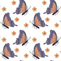 Spring butterfly with flowers seamless pattern. Flat hand drawn colored elements on white background. Unique print design for textile, wallpaper, interior, wrapping. Spring concept vector