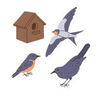 Set of hand drawn spring birds and birdhouse. Spring concept. Sketchy hand drawn elements on white background. Ideal for decoration, stickers, greetings, banner and background vector