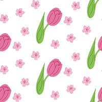 Pink tulip with cherry blossom seamless pattern. Flat hand drawn colored elements on white background. Unique print design for textile, wallpaper, interior, wrapping. Spring concept vector