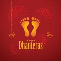 happy dhanteras red background with god foot prints vector