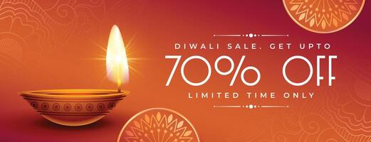 happy diwali sale and offer banner with shiny diya design vector