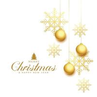 elegant merry christmas greeting with golden snowflakes and bauble vector