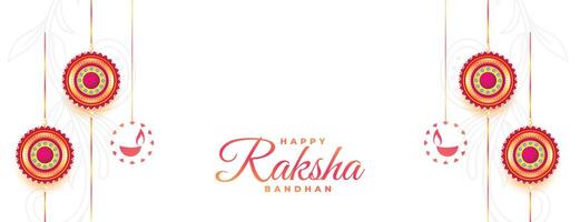 raksha bandhan white festival banner with rakhi and hanging diya design vector