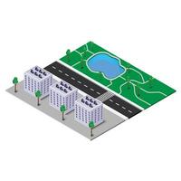 conjunto de alto calidad Tres dimensional ciudad elementos inteligente sostenible eco ciudad con residencial céntrico edificios y solar fuerza. aislado en blanco antecedentes. vector