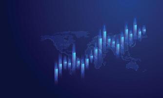 resumen valores mercado candelabros y mundo mapa en tecnología azul antecedentes. bajo escuela politécnica estructura metálica digital creciente grafico gráfico con brillante ligero efecto. vector negocio bandera. inversión concepto.