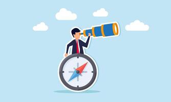 A business compass guides direction and opportunities, aiding decisions, spotting investment chances, led by visionary leadership concept, businessman with binocular and compass. vector