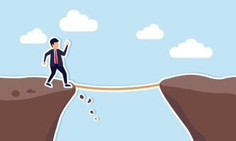 Risk management, crucial for business success, demands bravery in decision-making. A confident businessman starts a journey from a cliff to a rope vector