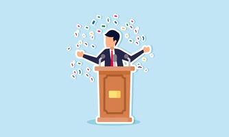 Confident public speaking entails charisma, gestures, voice modulation, and expressions to captivate the audience. A businessman speaks confidently on stage with podiums, microphones, and spotlights vector