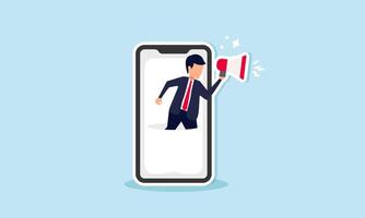 Mobile marketing employs influencers or ads via social media apps to target smartphone users, Concept of Joyful man promotes on megaphone from mobile vector