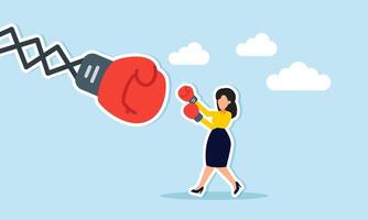 Woman power and feminism challenge gender equality in career competitiveness. A strong businesswoman executive wears boxing gloves, fighting with determination vector