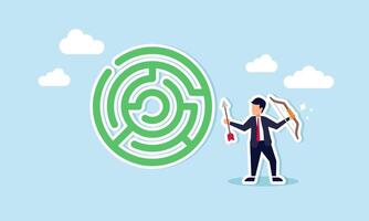 Seeking solutions to overcome obstacles and reach goals is the path to success. Like an archer aiming through a maze, a businessman navigates challenges to achieve targets vector