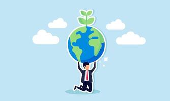 Addressing climate change and global warming is a shared responsibility. World leaders commit to preserving our planet as depicted by businessman in an Atlas pose carrying a green globe seedling plant vector