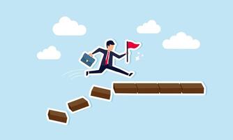 Surviving and thriving in crisis requires taking risks with courage and confidence to achieve targets. Efforts to overcome challenges are akin to a businessman leaping across a collapsing bridge vector