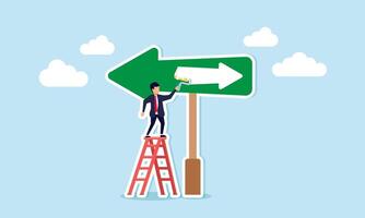 Reversing direction, hesitant business decision for better opportunity, Concept of The businessman paints a reverse arrow on the sign vector