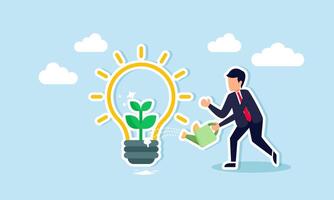 Ecology meets sustainable business green ideas combat climate change, emphasizing environmental care. Smart businessmen nurture seedling sprouts within the green light bulb of innovative ideas vector