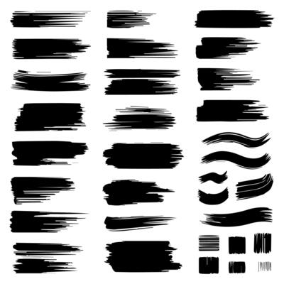 Set of black paint, ink brush strokes, brushes, lines, grungy. Dirty artistic design elements, boxes, frames. Vector illustration. Isolated on white background. Freehand drawing.