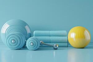 AI generated A blue and yellow gym ball sits on top of a stack of towels photo