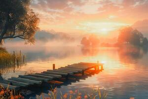 AI generated A wooden bridge is in front of a lake with a beautiful sunset in the background photo