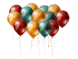 ai généré bouquet de coloré des ballons avec confettis isolé sur transparent Contexte. flottant hélium des ballons. génératif ai png