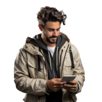 AI generated Young Man Using Smartphone Isolated on Transparent Background. Generative Ai png