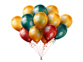 ai generiert Bündel von bunt Luftballons mit Konfetti isoliert auf transparent Hintergrund. schwebend Helium Luftballons. generativ ai png