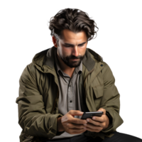 AI generated Young Man Using Smartphone Isolated on Transparent Background. Generative Ai png