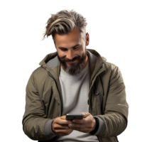 AI generated Young Man Using Smartphone Isolated on Transparent Background. Generative Ai png