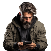 ai generato giovane uomo utilizzando smartphone isolato su trasparente sfondo. generativo ai png