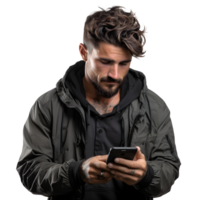 AI generated Young Man Using Smartphone Isolated on Transparent Background. Generative Ai png