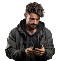 ai generato giovane uomo utilizzando smartphone isolato su trasparente sfondo. generativo ai png