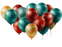 ai generiert Bündel von bunt Luftballons mit Konfetti isoliert auf transparent Hintergrund. schwebend Helium Luftballons. generativ ai png